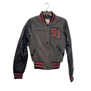Vintage No Boundaries Womens Varsity Jacket Size S Gray/Red Black Faux Leather S